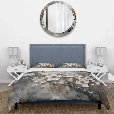 Design Art White Grey Cherry Blossum Harmony I Beddingmicrofiber / Polyester Duvet Cover Set In White;gray