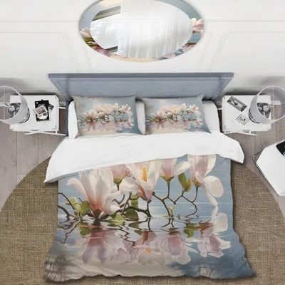 Design Art White Grey Magnolias Magnolia Reflections I - Magnolias Duvet Cover Set - Microfiber Polyester In White;gray
