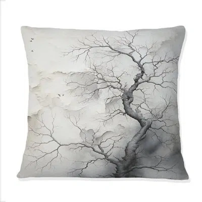 Design Art White Grey Mystique Tree - Tree Monochrome Printed Throw Pillow In Gray
