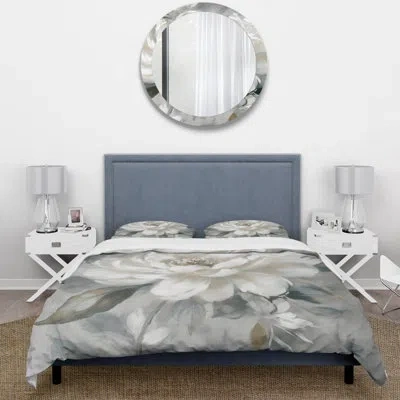Design Art White Grey Peony Blooms In Motion I Beddingmicrofiber / Polyester Duvet Cover Set In White;gray