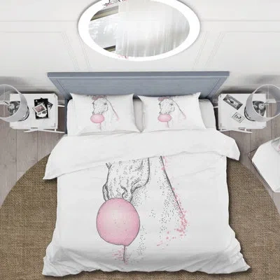 Design Art White Horse With Pink Bubble Gum - Farmhouse Duvet Cover Set - Microfiber Polyester In White;pink