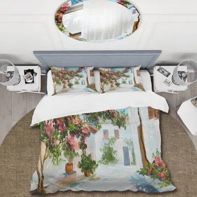 Design Art White House With Blossoming Flowers Near The Sea - Nautical Duvet Cover Set - Microfiber Polyester In Green