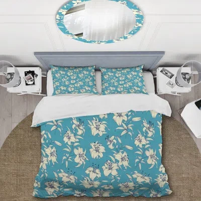 Design Art White Lily Flowers - Floral Duvet Cover Set - Microfiber Polyester In Blue,ivory