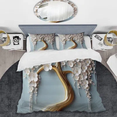 Design Art White Orchid Tree Garden Of Branches Vi Beddingmicrofiber / Polyester Duvet Cover Set In Blue;white;gold