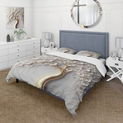 Design Art White Orchid Tree Garden Of Branches Viii - Tree Floral Duvet Cover Set - Microfiber Polyester In Gray;gold