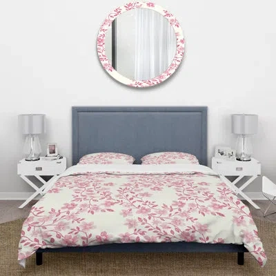Design Art White Pink Secret Floral Gardens I - Traditional Duvet Cover Set In White;pink