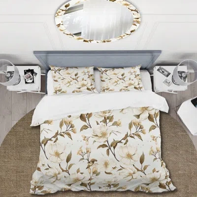 Design Art White Poppies Floral Tranquility - Floral Duvet Cover Set In Beige