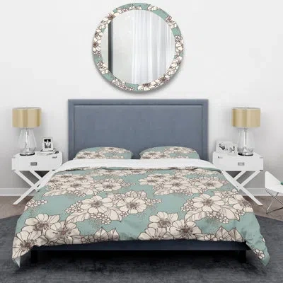 Design Art White Poppies Flowers - Floral Duvet Cover Set - Microfiber Polyester In White,green