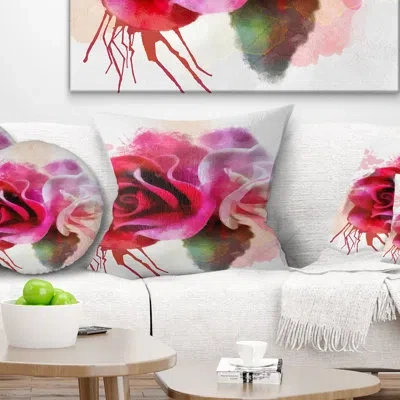 Design Art White Red Roses With Color Splashes - Floral Printed Pillow In White;red