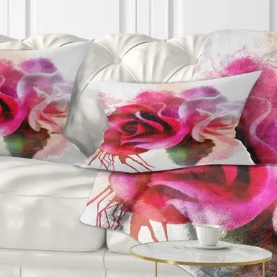 Design Art White Red Roses With Color Splashes - Floral Printed Throw Pillow In White;red