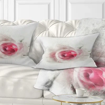 Design Art White Rose With Pink Petals - Floral Printed Throw Pillow In White;pink