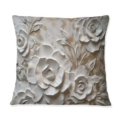 Design Art White Roses In Bloom - Rose Printed Pillow In White;gold