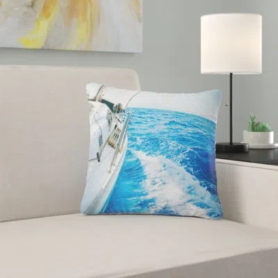 Design Art White Sailing Yacht In Blue Sea - Sea & Shore Printed Pillow In Blue;white