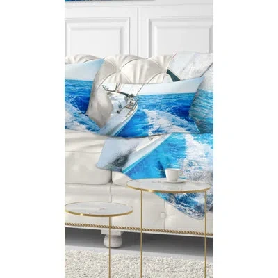 Design Art White Sailing Yacht In Blue Sea - Sea & Shore Printed Throw Pillow