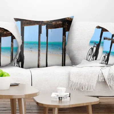 Design Art White Sand Beach In Zanzibar Island - Sea & Shore Printed Pillow In Blue