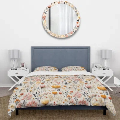 Design Art White Scandinavian Elegant Florals I - Floral Duvet Cover Set In Beige;yellow;pink