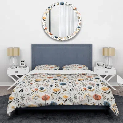 Design Art White Scandinavian Floral Tranquility - Floral Duvet Cover Set In Blue;white