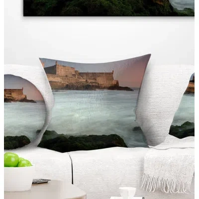 Design Art White Seascape At Old Fort Lisbon - Sea & Shore Printed Throw Pillow