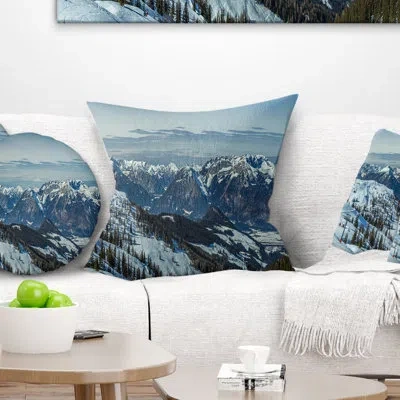 Design Art White Ski Slope Panoramic View - Landscape Printed Pillow In Blue;white