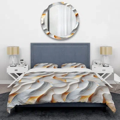 Design Art White Sleek Marble Harmony - Marble Duvet Cover Set - Microfiber Polyester In White;gray;yellow