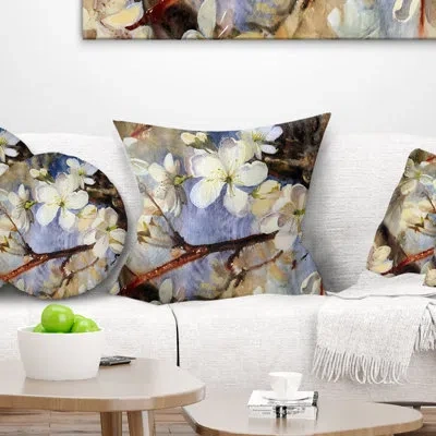 Design Art White Spring Flowers - Floral Printed Pillow In Blue;white