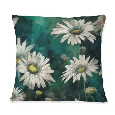 Design Art White Teal Daisy Flower Fusion - Floral Printed Throw Pillow In White;teal