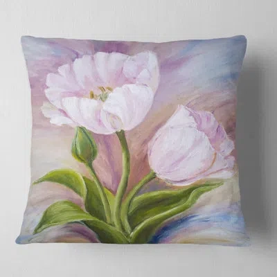 Design Art White Tulips - Floral Printed Pillow In White;green