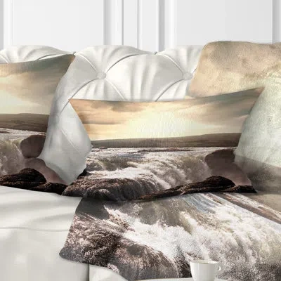 Design Art White Waterfalls In Iceland - Sea & Shore Printed Throw Pillow
