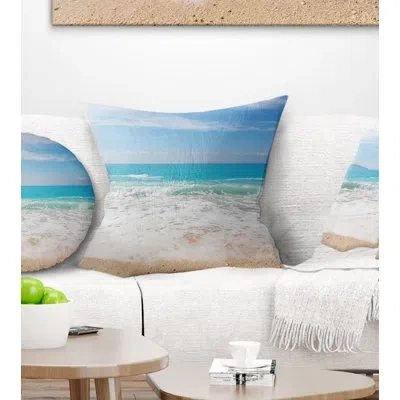 Design Art White Waves Kissing Beach Sand - Sea & Shore Printed Throw Pillow