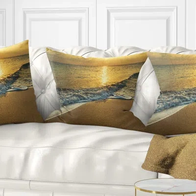 Design Art White Waves Under Yellow Sunset - Sea & Shore Printed Pillow
