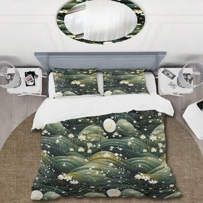 Design Art White Zen Flowers Hilltop Sanctuary Duvet Cover Set In White;green