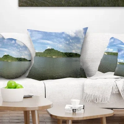 Design Art Wide Lake Trees Sky Landscape - Landscape Printed Pillow In Blue