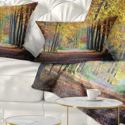 Design Art Wide Pathway In Fall Forest Landscape Photography Lumbar Pillow In Yellow