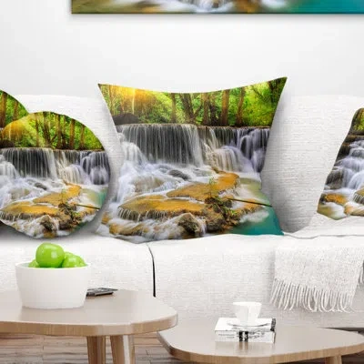 Design Art Wide View Of Erawan Waterfall - Landscape Printed Pillow In Green