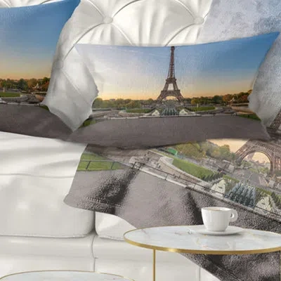 Design Art Wide View Of Paris Eiffel Tower At Sunrise Cityscape Lumbar Pillow In Blue;green;gray