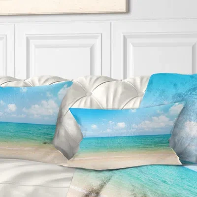 Design Art Wide View Of Tropical Beach Seashore Photo Lumbar Pillow In Blue