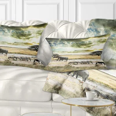 Design Art Wild African Zebras And Elephant - Animal Printed Throw Pillow
