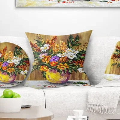 Design Art Wild Flowers In A Pot - Floral Printed Pillow In Green;red