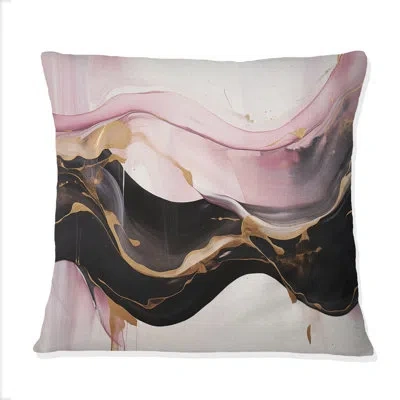 Design Art Wild Promises Abstract Gold Wave Pink And Black Ii - Abstract Painting Printed Throw Pillow In Pink;gold