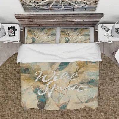 Design Art Wild Spirit Blue And Cream Cottage Feathers - Farmhouse Duvet Cover Set - Microfiber Polyester In Beige
