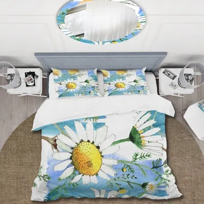 Design Art Wild Spring Chamomile Flowers - Traditional Duvet Cover Set - Microfiber Polyester In Blue;white