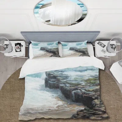 Design Art Wild Waves Breaking On The Shore - Nautical & Coastal Duvet Cover Set - Microfiber Polyester In Blue