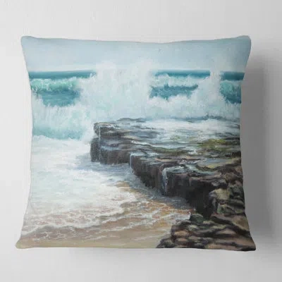 Design Art Wild Waves Breaking On The Shore Square Pillow Cover & Insert In Blue