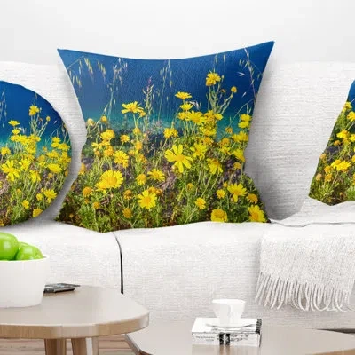 Design Art Wild Yellow Flowers Over Sea Coast - Floral Printed Pillow