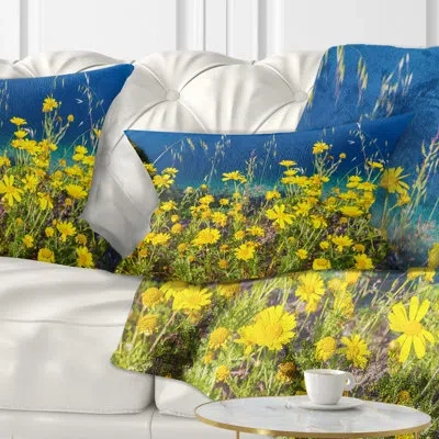 Design Art Wild Yellow Flowers Over Sea Coast - Floral Printed Throw Pillow