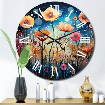 Design Art Wildflowers Whimsical Blooms Pointillism Ii Metal Wall Clock In Multi-color