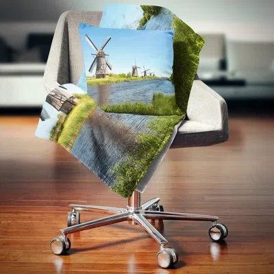 Design Art Windmills At Kinderdijk - Landscape Printed Pillow In Blue;black;brown;green;red;yellow