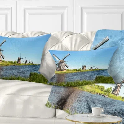 Design Art Windmills At Kinderdijk - Landscape Printed Throw Pillow