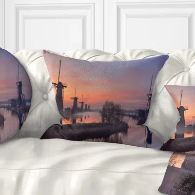 Design Art Windmills At Sunrise Panorama - Landscape Printed Pillow In Blue;black;brown;green;red;yellow