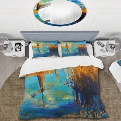 Design Art Windmills By The Deep Blue Lake - Nautical & Coastal Duvet Cover Set - Microfiber Polyester In Blue,orange,brown